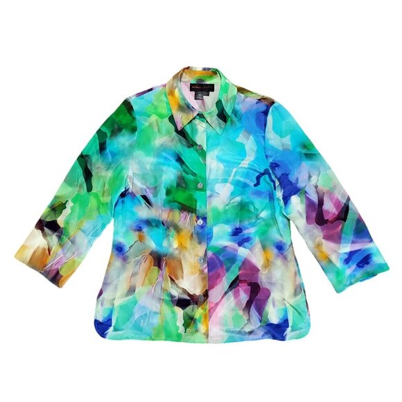 Nina Mclemore 100% Silk Watercolor Colorful Button Down Blouse - Size 10 - Picture 1 of 9